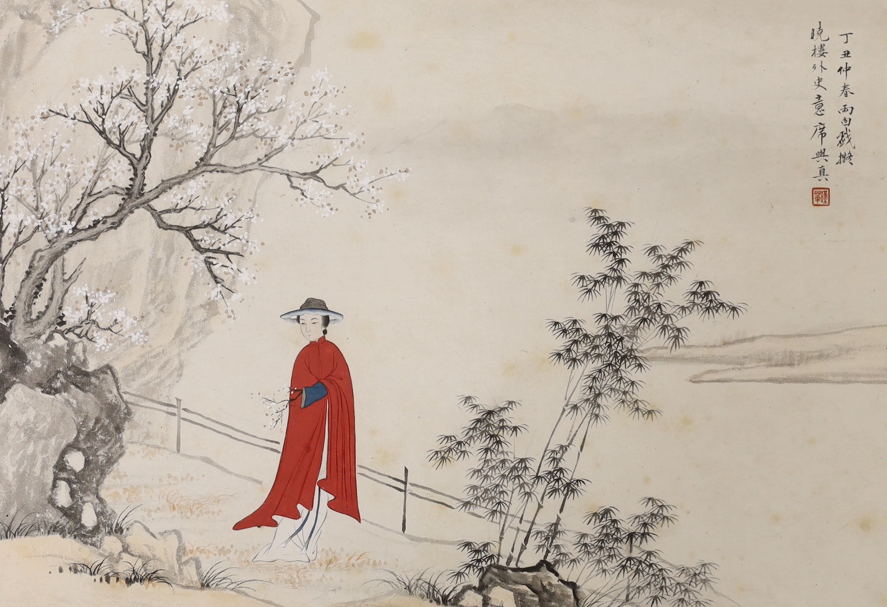 Chinese School, early 20th century, Lady in a winter landscape, ink and colour on paper, inscribed, 27 x 39cm